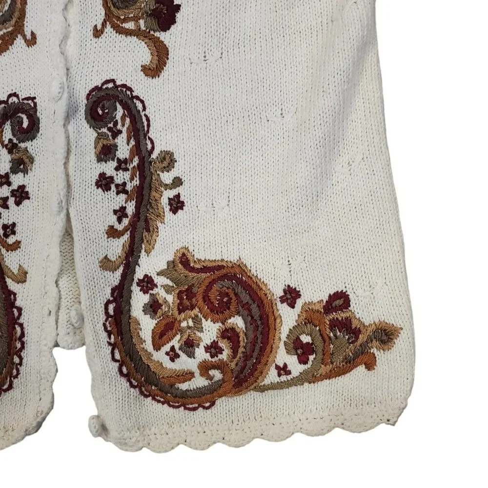 Vintage 90s Cream Sweater Vest Embroidered Paisley‎ Burgandy Sz S/M